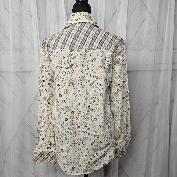 Spy Henry Lau Yellow Blue Floral Plaid Western Button Down Blouse Size L - Picture 6 of 13